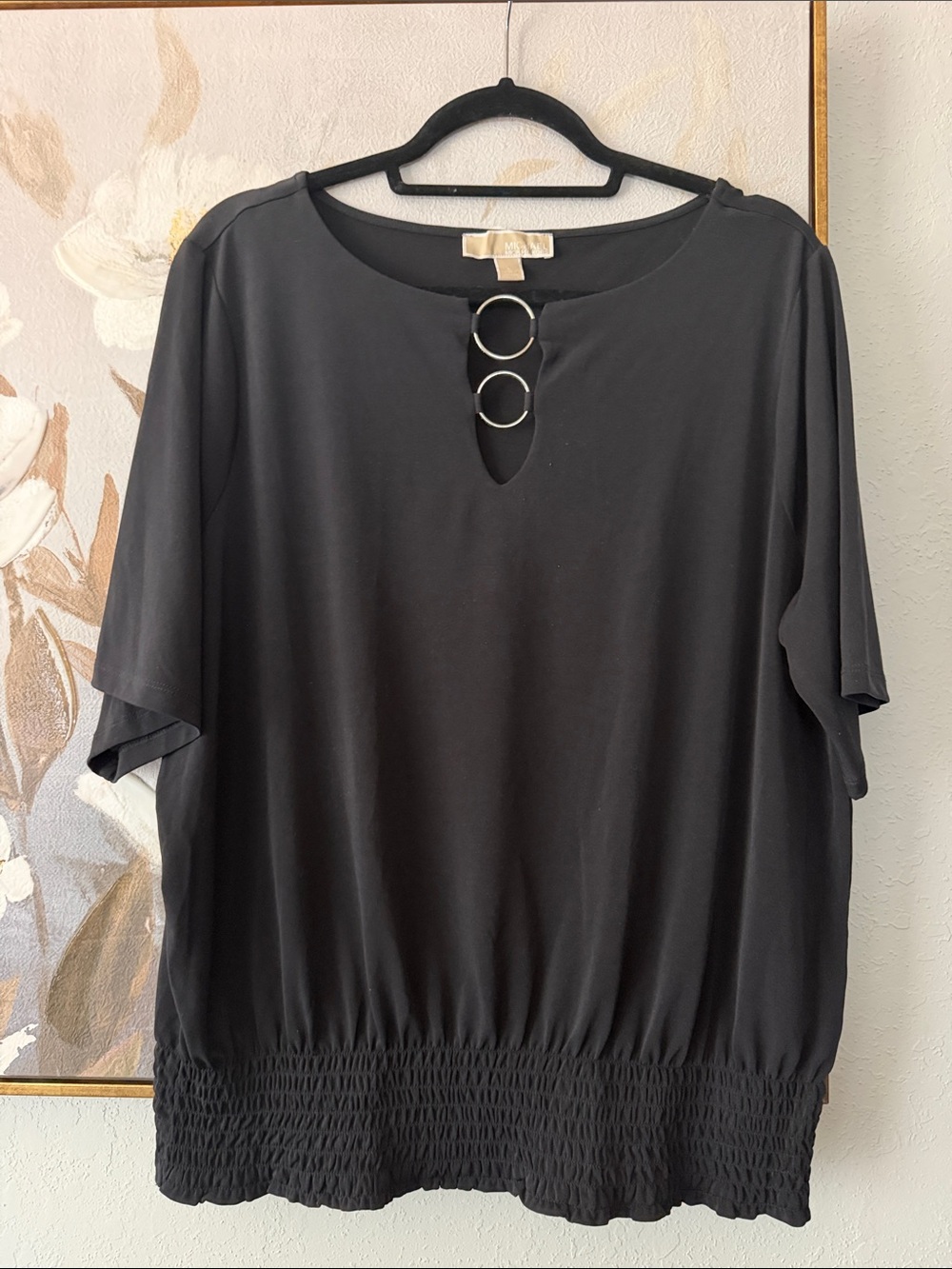 Michael Kors Black Short-Sleeve Keyhole Top with Ring Accents